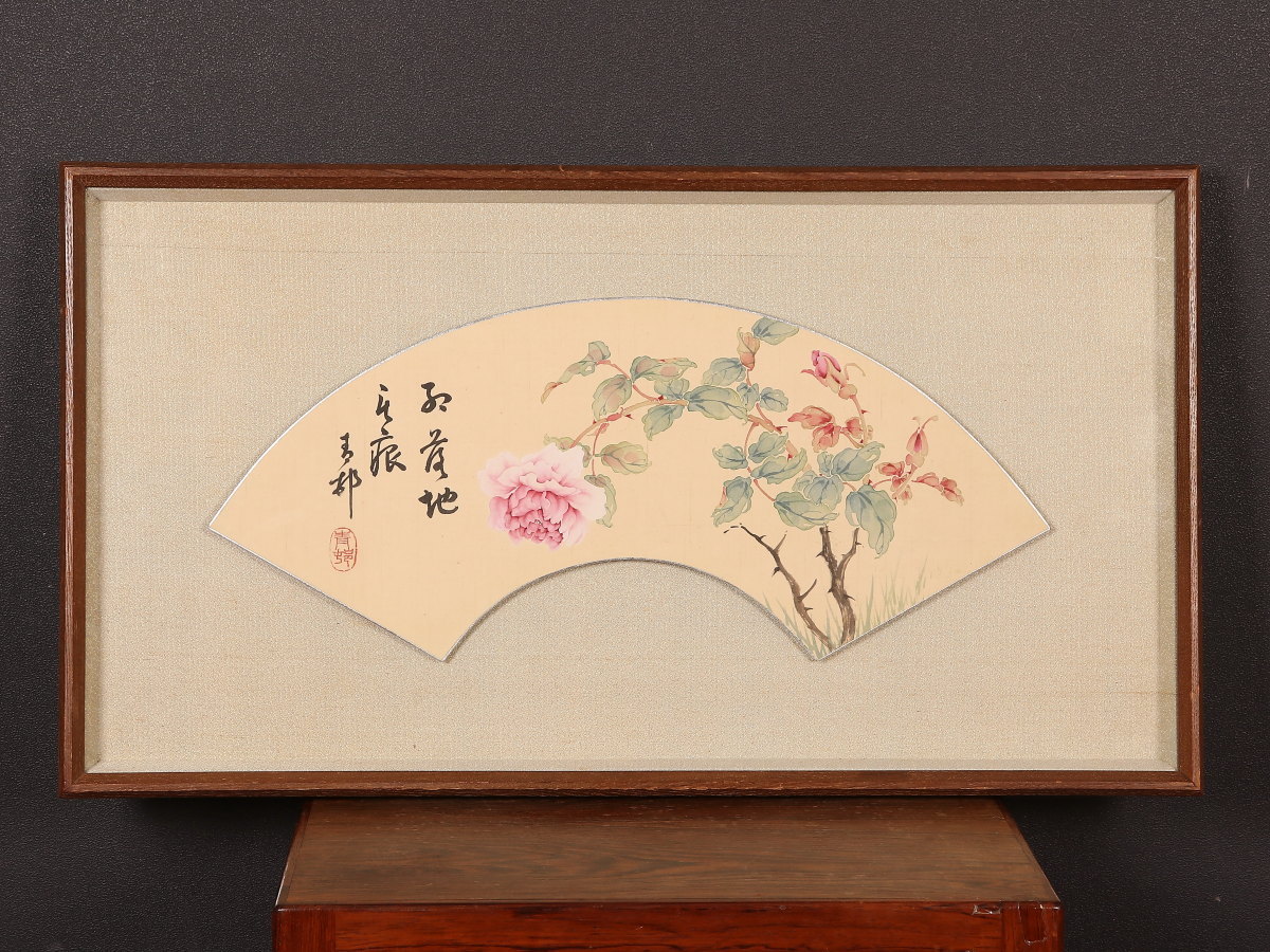 模写】【1円開始】【伝来】ik433〈前田青邨〉額装 扇面 薔薇図 岐阜の