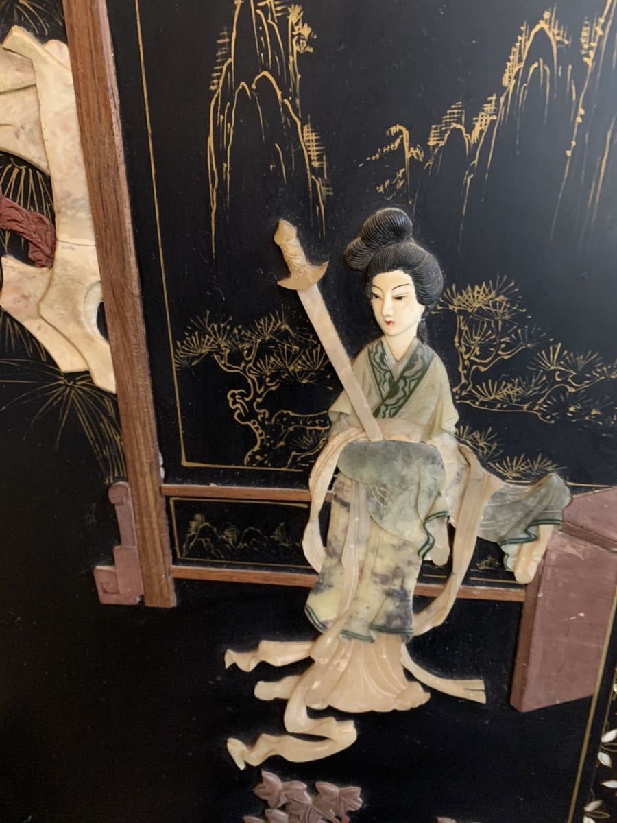 □中国美術□衝立/パーテーション□玉/螺鈿/塗□楼閣図□6曲/6連□現状□