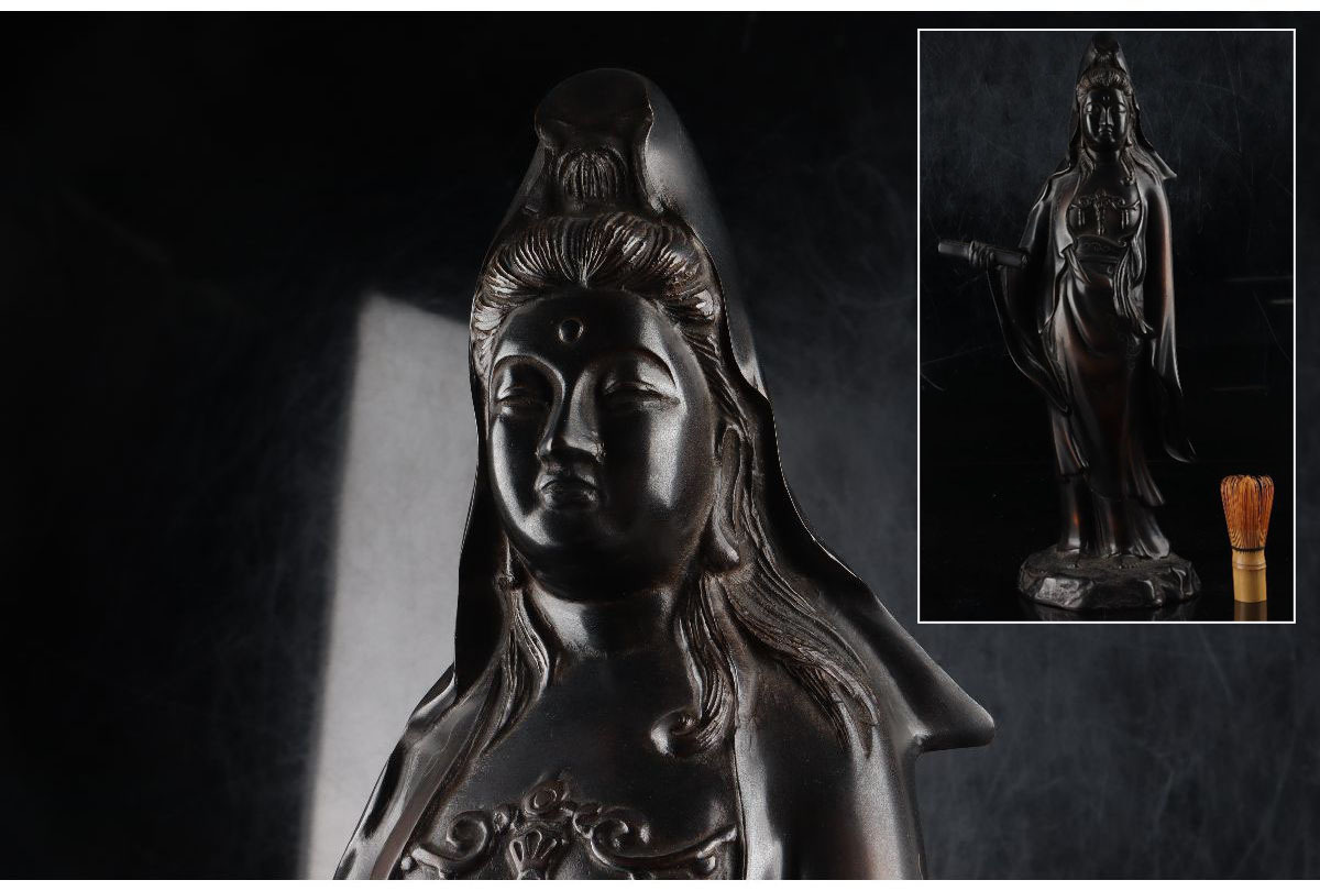 URA]仏教美術⁄楠木彫刻龍上観音菩薩像⁄69.5cm⁄4-s12-162(検)骨董⁄木彫 