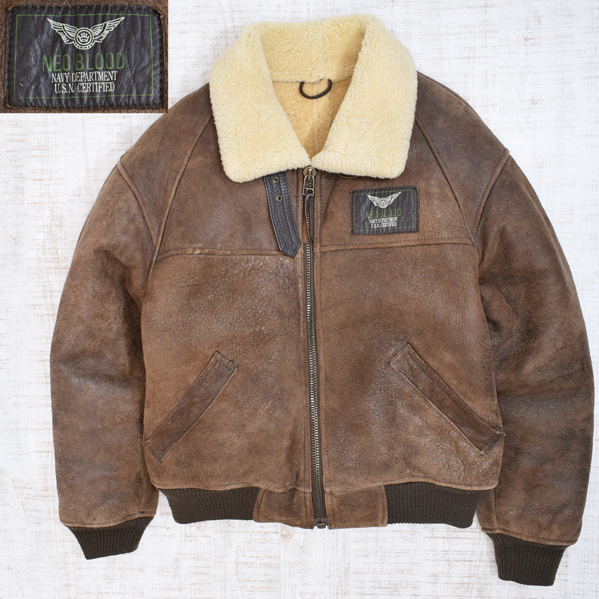赤字超特価，安い NEO BLOOD NAVY DEPARTMENT ネオブラッド VINTAGE加工 ワッペン 羊革 シープスキン B-6 ムートンフライトジャケット 茶 着用L~位(Lサイズ)｜売買されたオークション情報、yahooの商品情報をアーカイブ公 Lサイズ