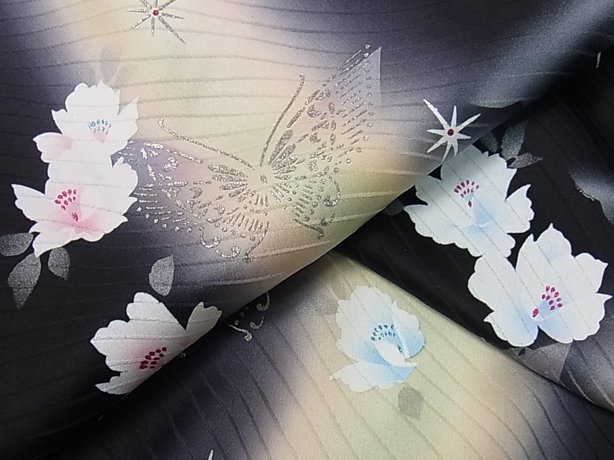 平和屋着物■上質な小紋　舞蝶花文　暈し染め　黒地　銀彩　逸品　vp1817 暈し染め 金彩 正絹 飛鶴流水枝松花文 平和屋着物□豪華黒留袖 価格.com