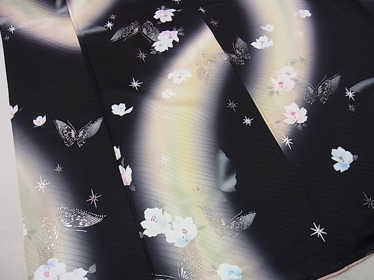 平和屋着物■上質な小紋　舞蝶花文　暈し染め　黒地　銀彩　逸品　vp1817 暈し染め 金彩 正絹 飛鶴流水枝松花文 平和屋着物□豪華黒留袖 価格.com