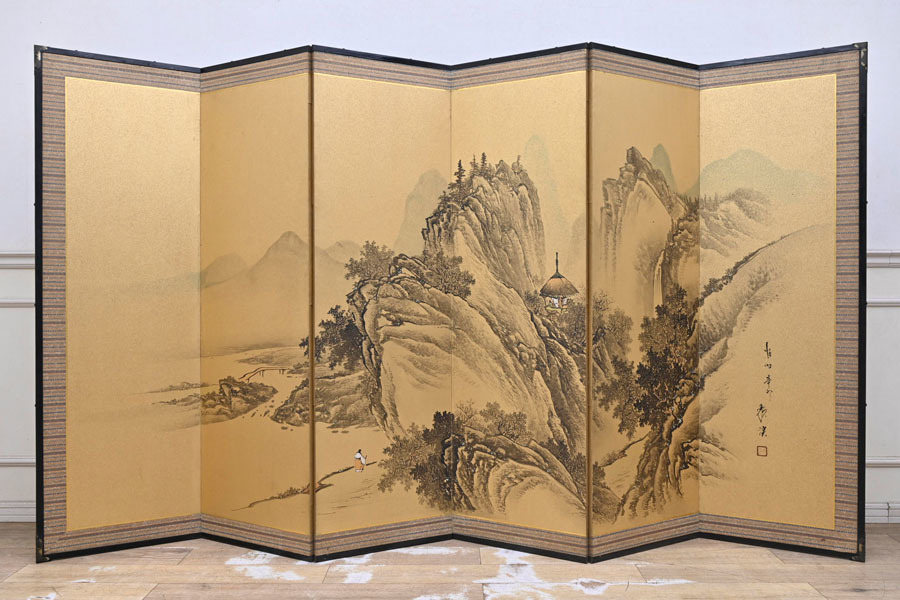 AP051 銘有 古い 時代物 六曲屏風 折畳 折り畳み 仕切り 飾り物 家具