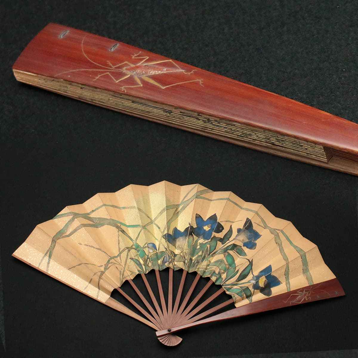 CZ920 時代物 松虫蒔絵竹親骨 紙本 彩色 桔梗図 飾り扇 全長27.2cm/開