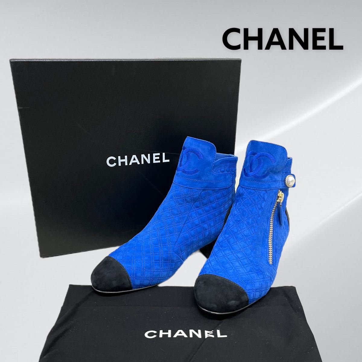 新品 箱保存袋付 CHANEL シャネル G34342 2019年モデル マトラッセ フェイクパール ココマークロゴ刺繍 スエードレザー ショートブーツ
