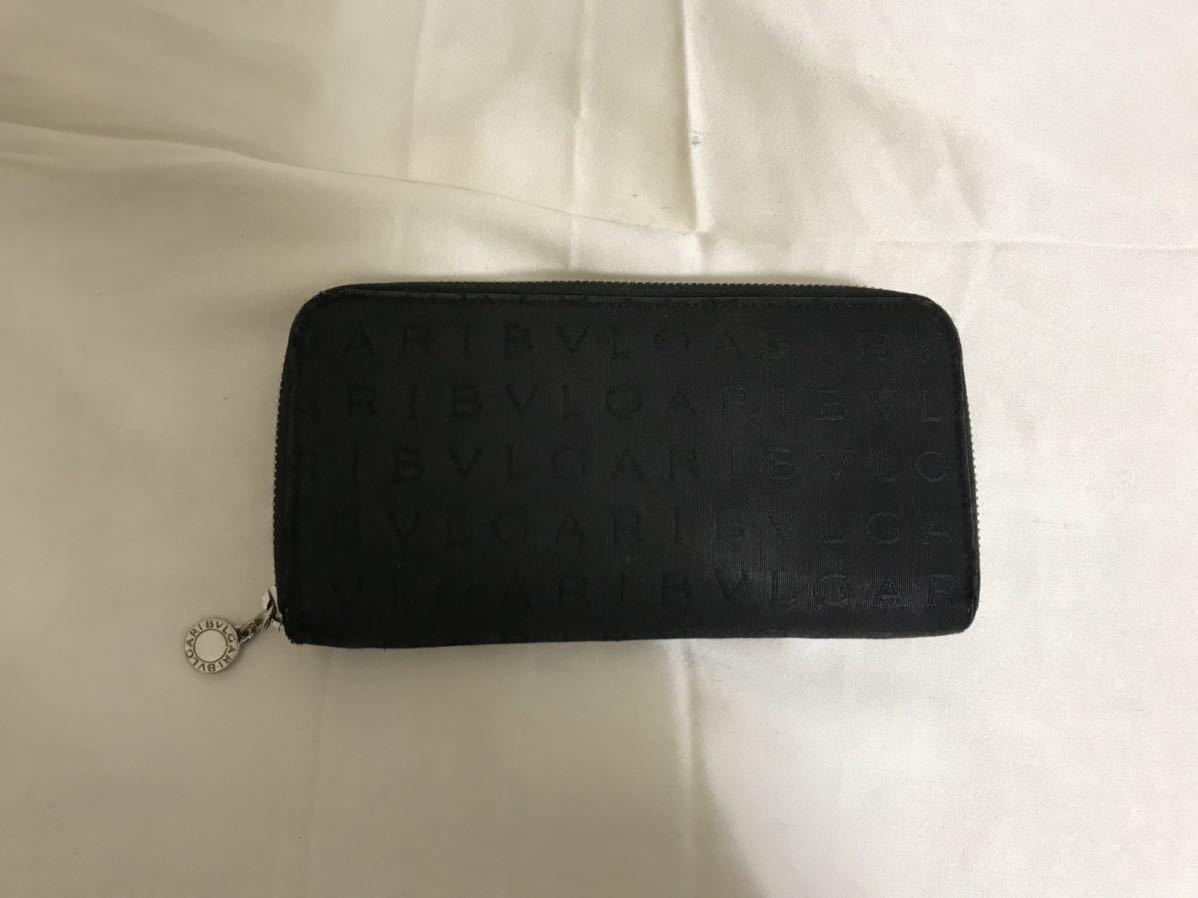 本物ブルガリBVLGARIキャンバス本革レザーラウンドファスナーサイフ財布札入れ黒ブラック柄レディースメンズ小銭入れイタリア製