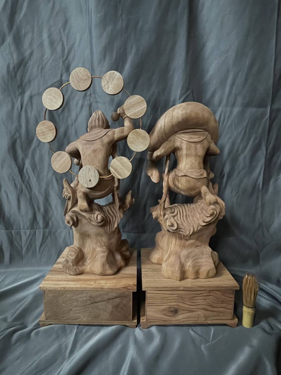 特大型 高50cm 井波彫刻 仏教工芸品 総楠製 極上彫 木彫仏像 風神雷神 