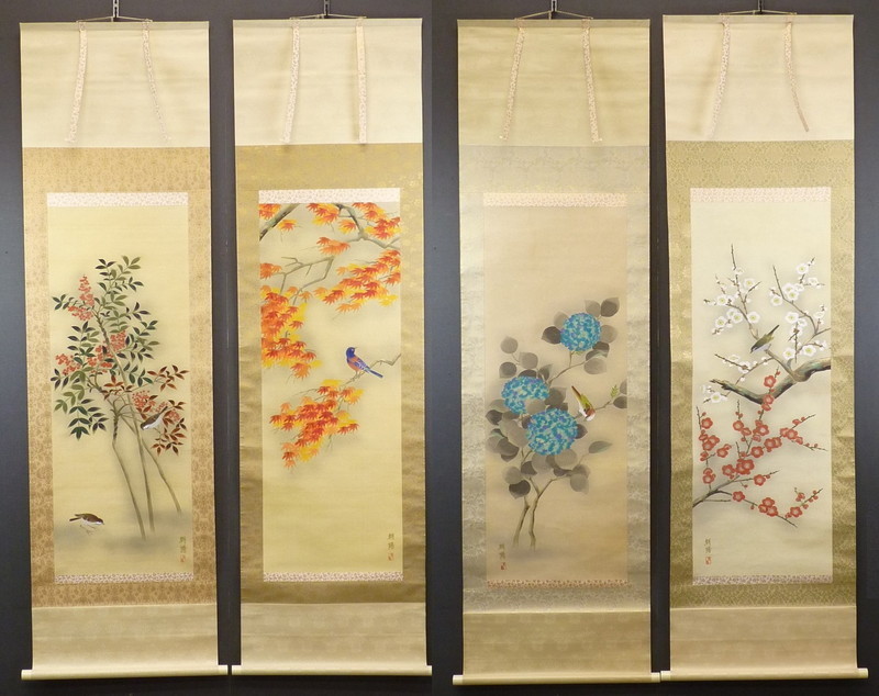 都屋】19 小川朝陽「花鳥遊旬」四幅対 掛軸 画寸法 約106㎝×約40  