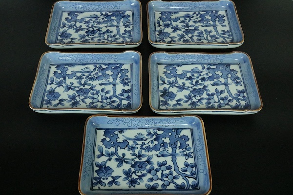 桜】染付花鳥文皿 五客 『加藤利昌』 料亭懐石 アンティーク