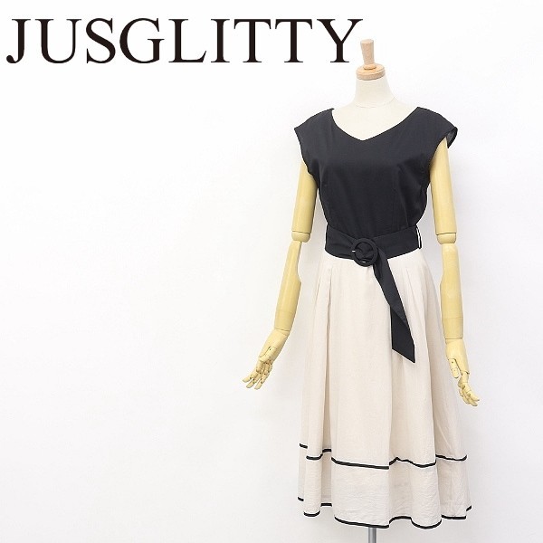 超激得，最新作 JUSGLITTY/ジャスグリッティー パール装飾 フレンチスリーブ ベルテッド フレア ロング ワンピース ブラック&times;アイボリー 1(ジャスグリッティー)｜売買されたオークション情報、yahooの商品 ジャスグリッティー