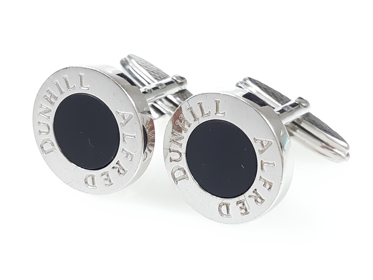 美品 Dunhill ラウンドトップ ロゴ カフリンクス シルバー メンズ