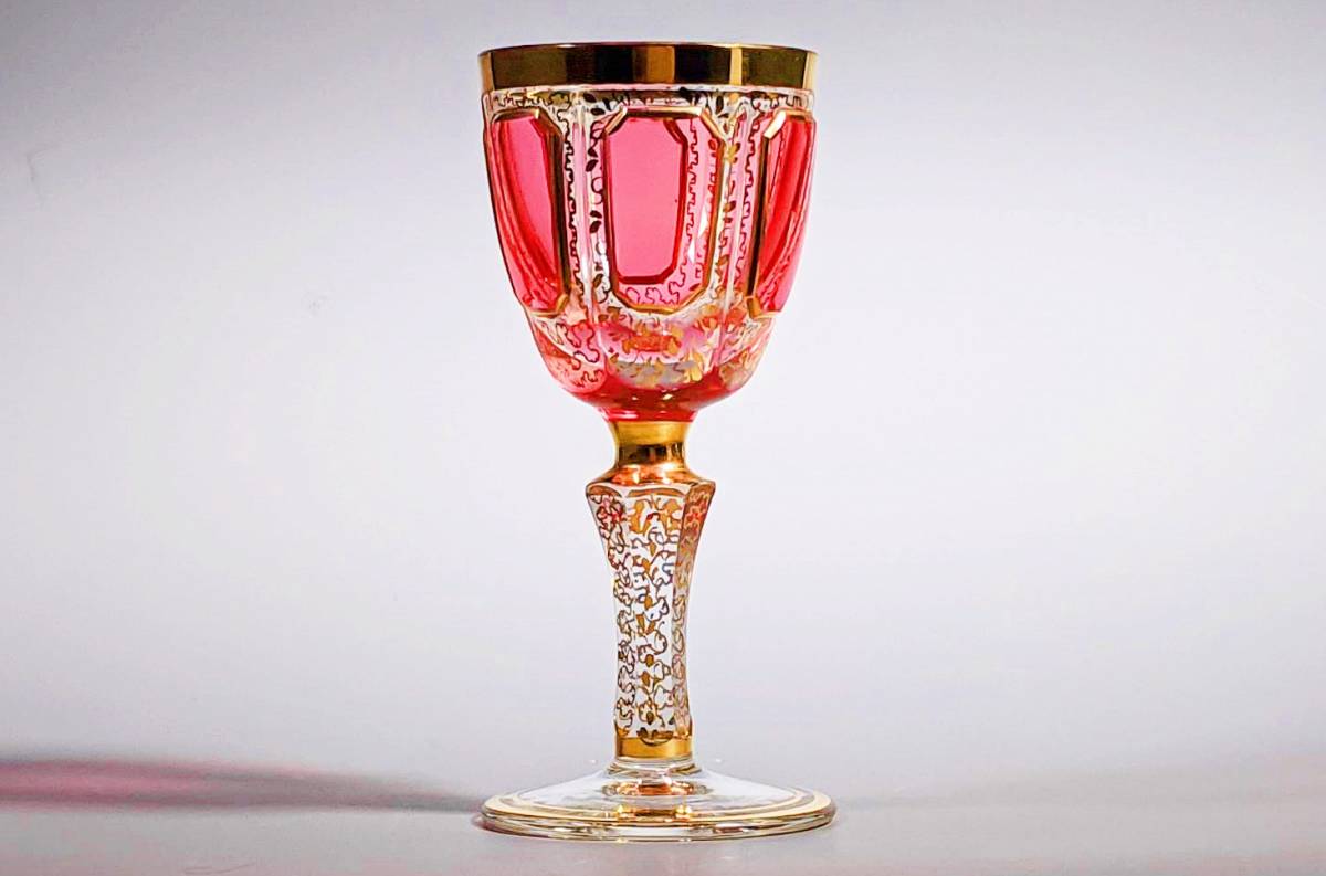 モーゼル Moser 金彩 リキュールグラス 6客 箱付【美品】 アンティークモーゼル チェコ製24Kアプリカシオン 桃色硝子 ピンク