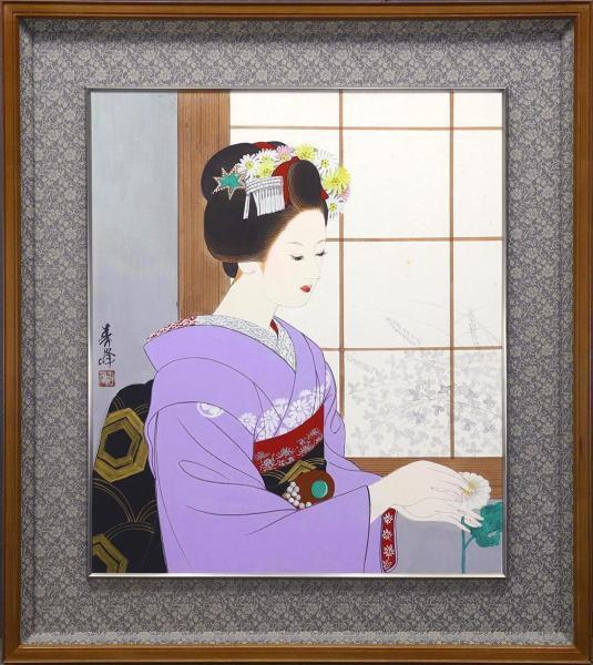 真作】【WISH】宮下柚葵「花占い」日本画 10号 共シール 和美人 〇美人