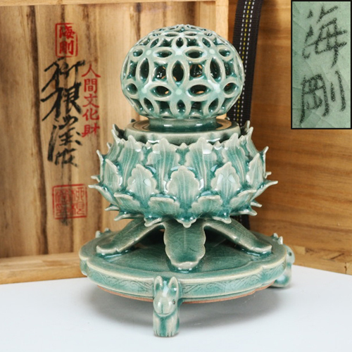 柳海剛 青磁茶器 with cranes 人間文化財 柳 海剛 青磁平茶碗 茶道具 扇屋