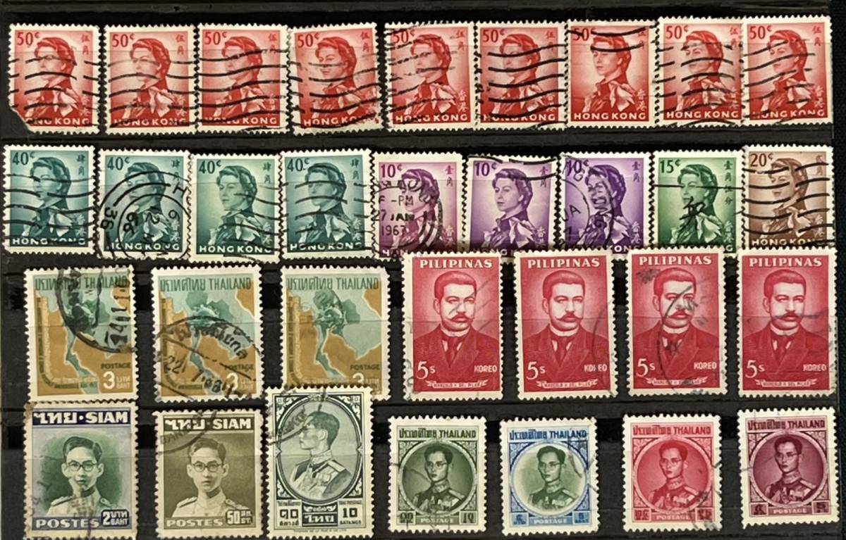 激レア！外国の切手 75枚 フィリピン 香港 タイ 中国 消印 バラ まとめ 