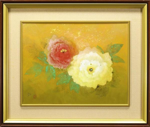 【真作】【WISH】水島裕「華王」日本画 10号 金箔仕様 共シール ◆紅白牡丹図 　　〇元青龍社社人 東方美術協会結成会員 #22033678