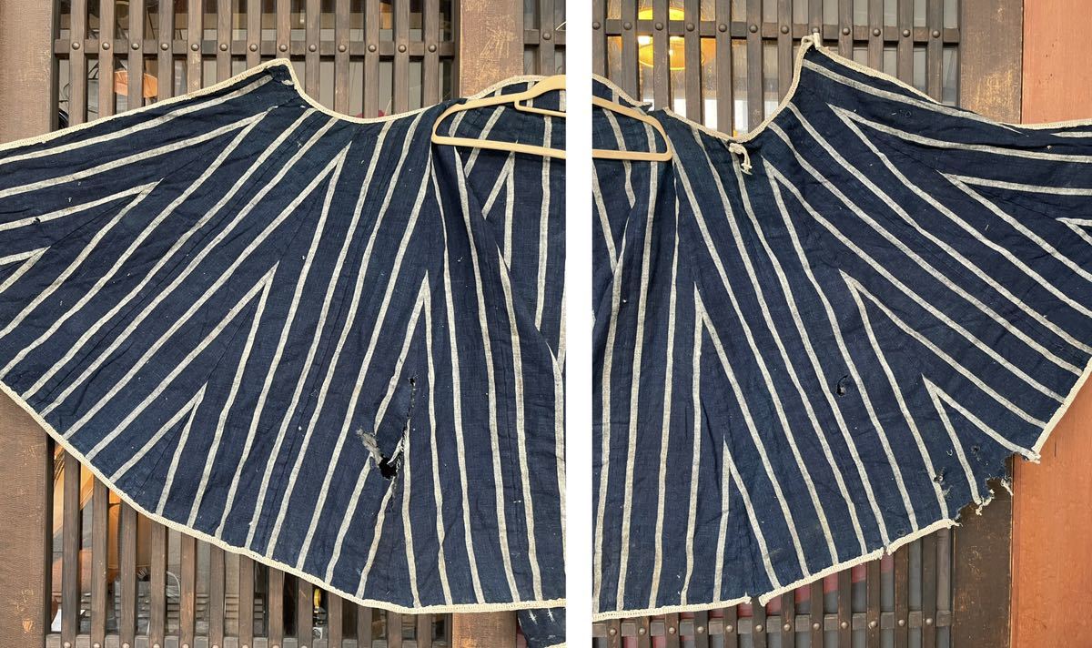 江戸明治 道中合羽 かっぱ 藍染 ツギハギ 古布 リメイク 襤褸 当時物 長着/ボロ/BORO/羽織/古裂/リメイク材/アンティーク/手縫い 藍染 道中合羽 襤褸 ジャパンヴィンテージ 縞模様 ジャパン