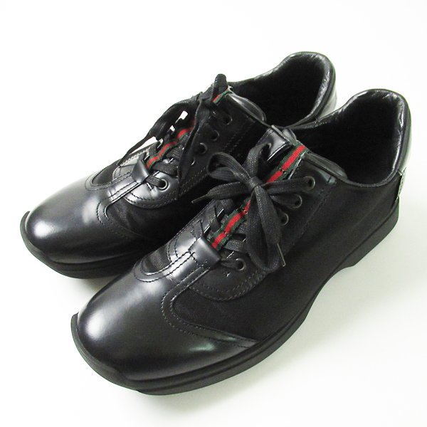  r4a041508 GUCCI グッチ レザー&times;ナイロン系キャンバス シェリーライン入り スニーカー シューズ 靴 黒 メンズ 42E(男性用)｜売買されたオークション情報、yahooの商品情報をアーカイブ公開 - 靴