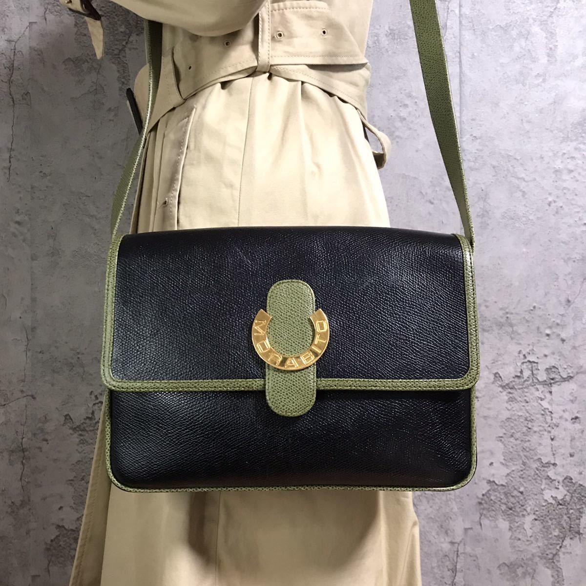 良品】MORABITO モラビト ブラック×グリーン レザー ハンドバッグ 