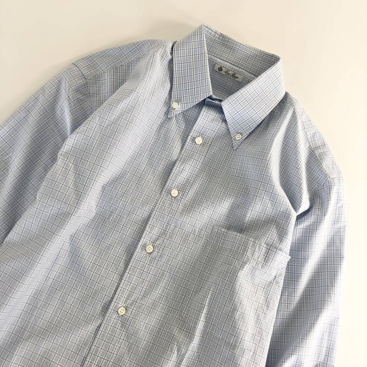 Ed17《美品》大きいサイズ Loro Piana ロロピアーナ 長袖シャツ ボタンダウンシャツ 42 XLサイズ相当 チェック ライトブルー メンズ 紳士服 Loro Piana ロロピアーナ 中古 USED レザートートバッグ