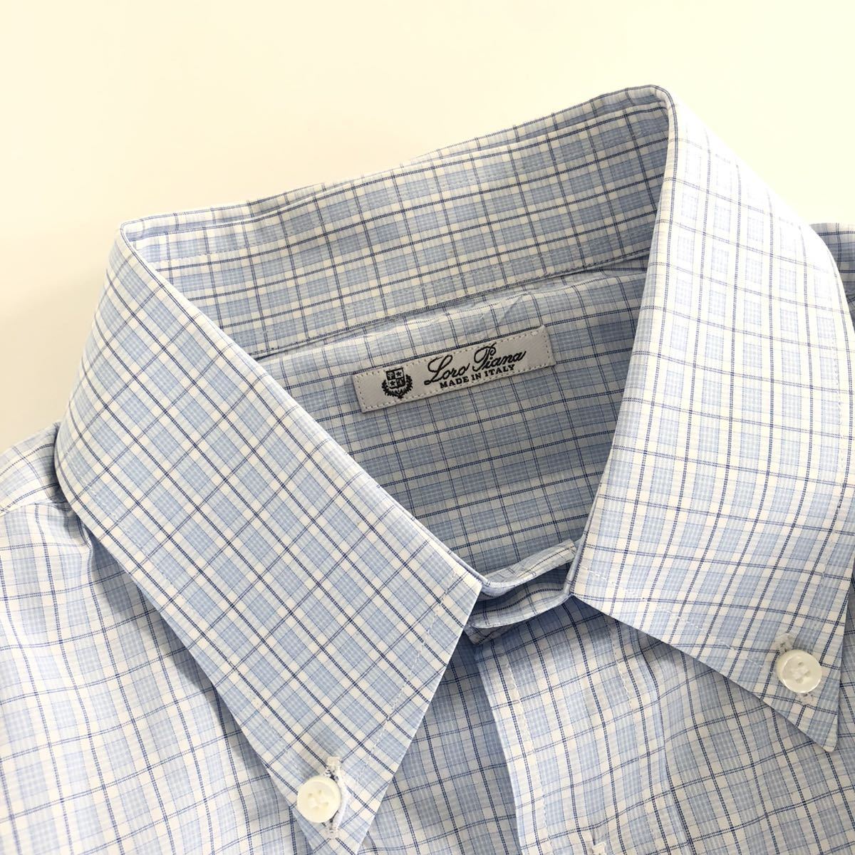 Ed17《美品》大きいサイズ Loro Piana ロロピアーナ 長袖シャツ ボタンダウンシャツ 42 XLサイズ相当 チェック ライトブルー メンズ 紳士服 Loro Piana ロロピアーナ 中古 USED レザートートバッグ
