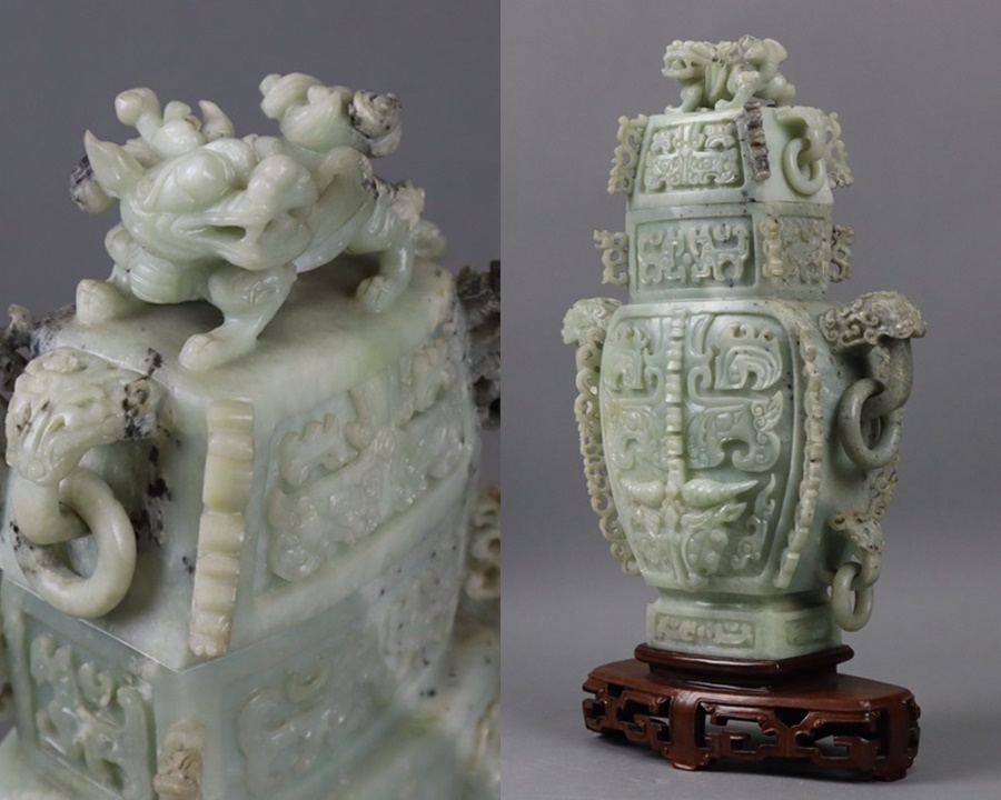 中国美術 玉石翡翠彫刻 唐木台座付き（高さ35cm） 中国美術 翡翠玉石彫刻 饕餮紋環付蓋物 香炉 唐木台付 置物 高41cm 9kg