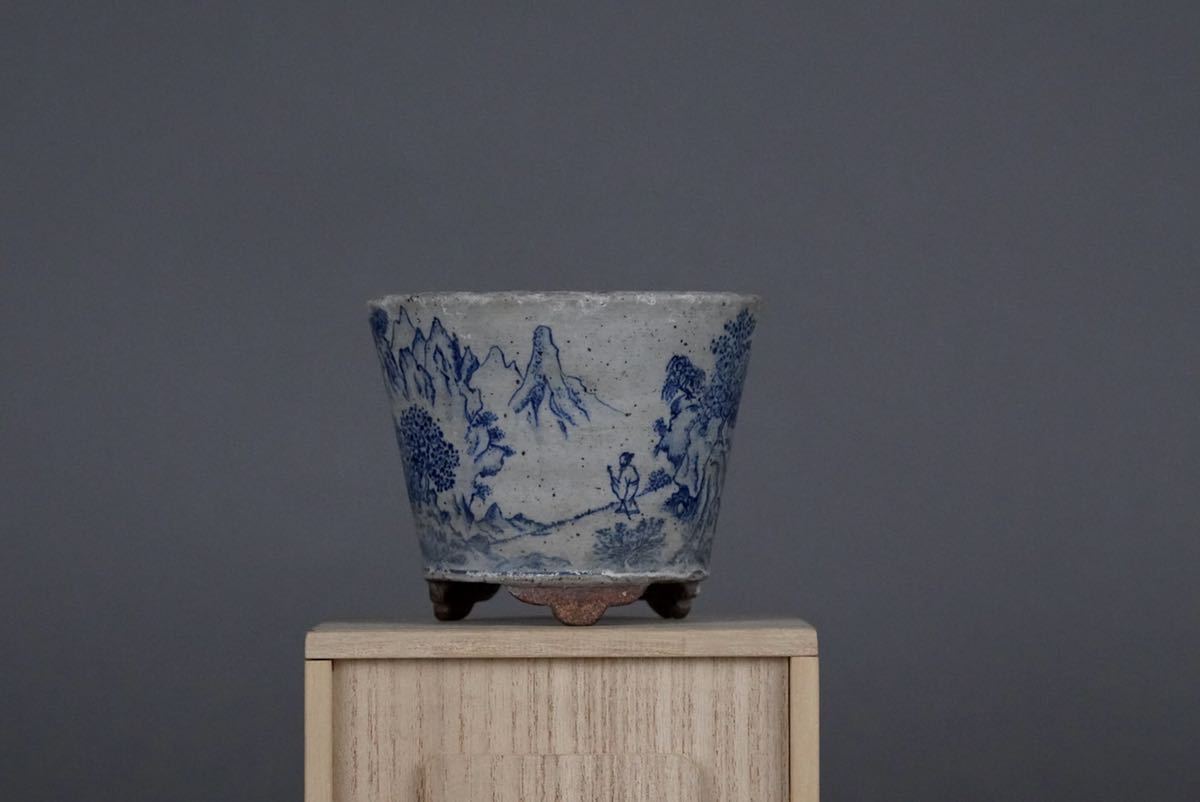 山田重俊　小品盆栽 小品盆栽鉢 人気山田重俊 山水染付丸鉢 古い鉢 箱付け Yahoo