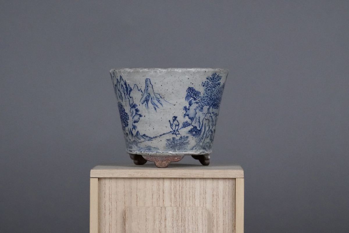 山田重俊　小品盆栽 小品盆栽鉢 人気山田重俊 山水染付丸鉢 古い鉢 箱付け Yahoo