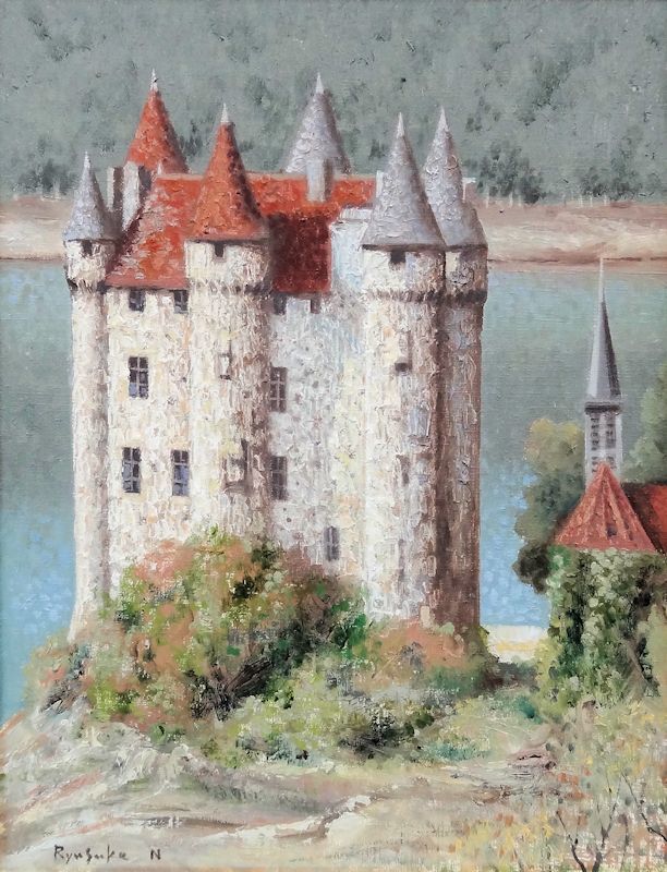 西村龍介 水辺の教会 油彩3号 風景画 共シール 油絵 原画 絵画 真