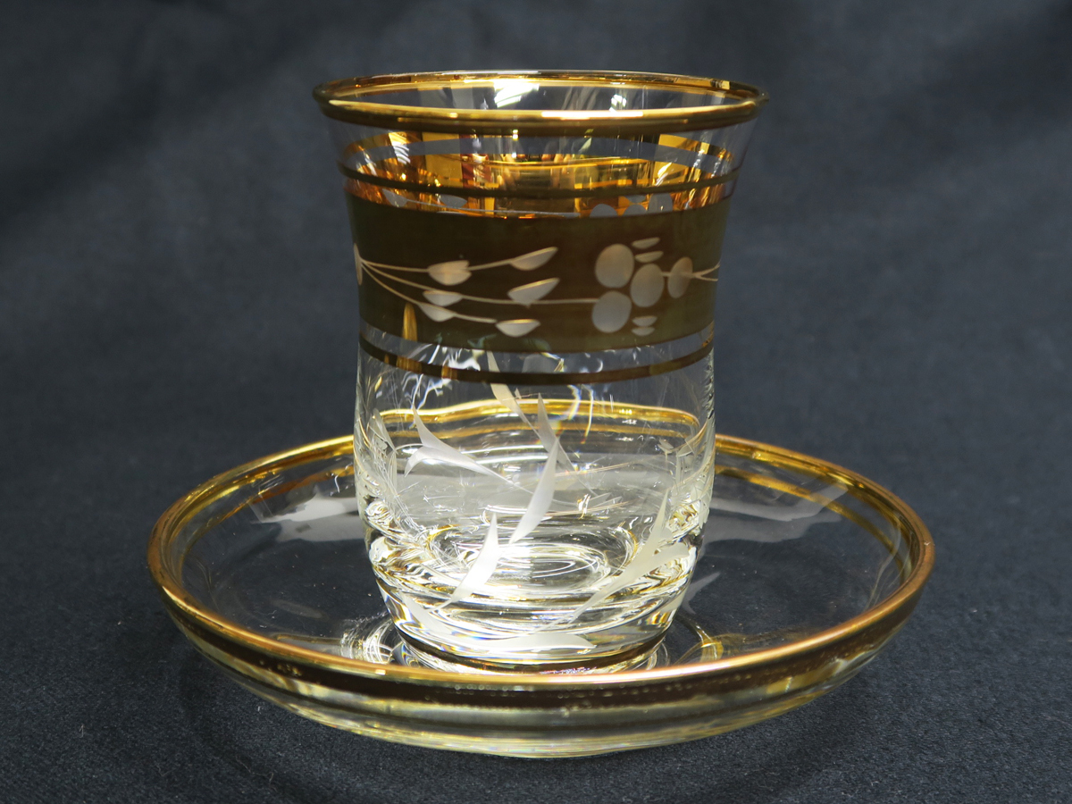 トルコガラス パサバチェ 金彩 葡萄文 チャイグラス ソーサー付き 6客