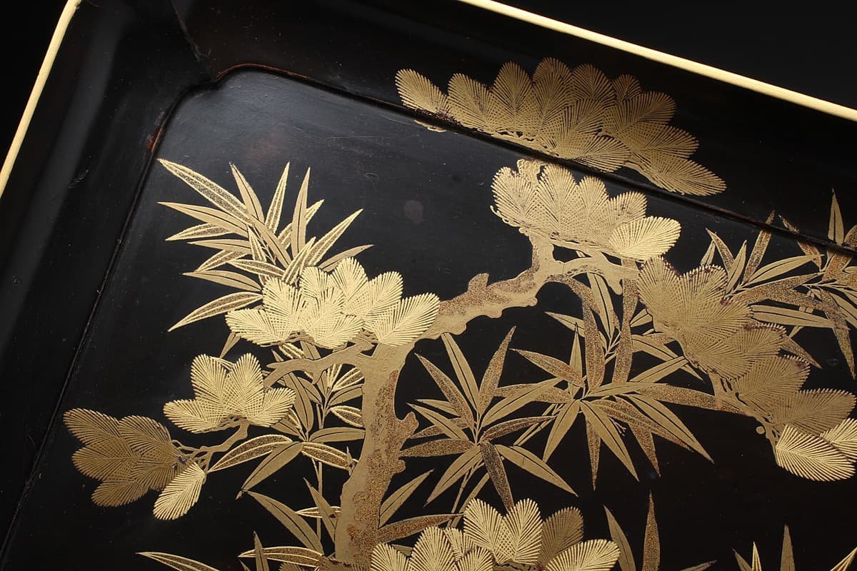 漆塗蒔絵　長方盆　日本古美術 山中漆器 長手盆 角盆 盆 漆器 持ち手付 漆 本蒔絵 博山作 葡萄 金彩