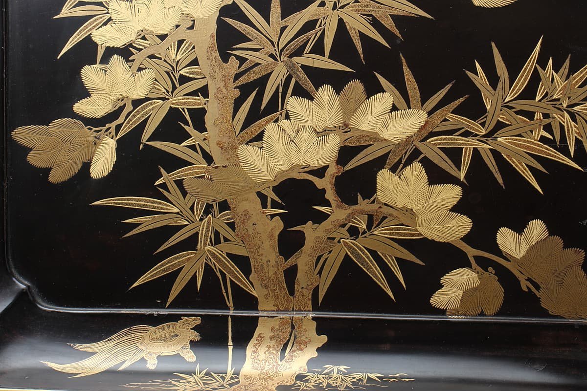 ZK590 時代物 黒漆塗 松竹鶴亀蒔絵香盆 幅31.3cm 重205g 木箱附・松竹