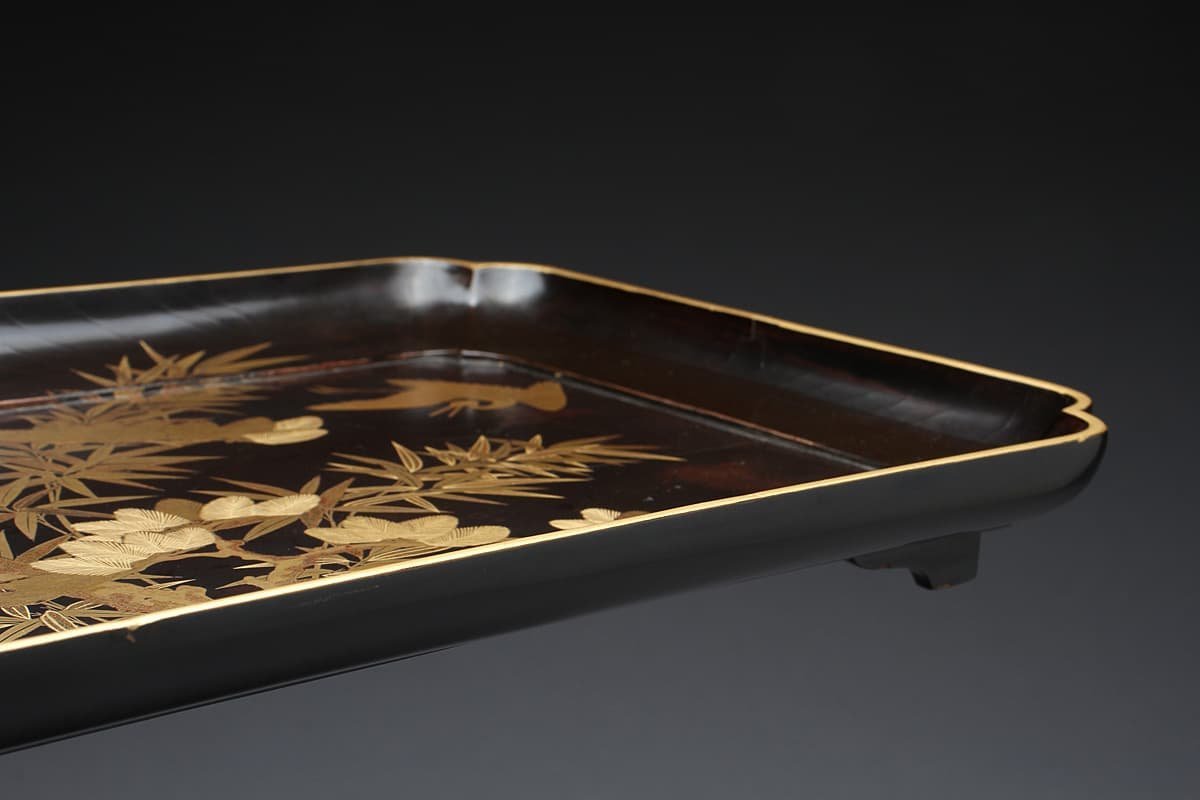 漆器盆セット 2枚 松鶴蒔絵 古美術 アンティーク 漆器盆セット 2枚 松