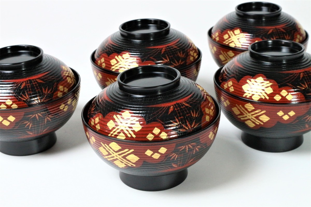 現状品】漆器 黒塗 会津塗 金彩 花柄 割烹 吸物椀 蓋付き椀 10個セット