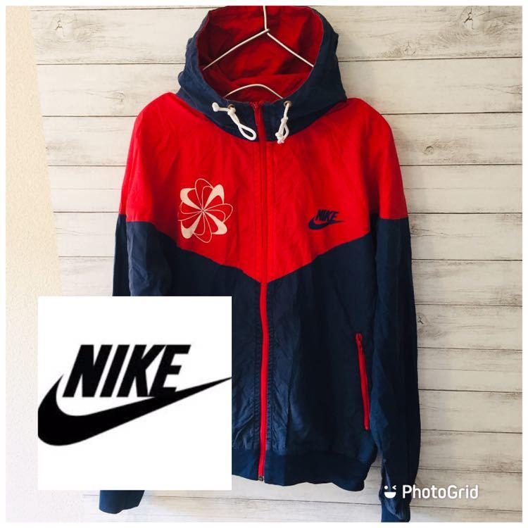 ナイキ NIKE スウッシュ 風車柄 S ナイロン ツートーンパーカー レッド×ネイビー NIKE ナイキ 風車 ナイロンドッキングパーカー ナイキNike スウッシュ