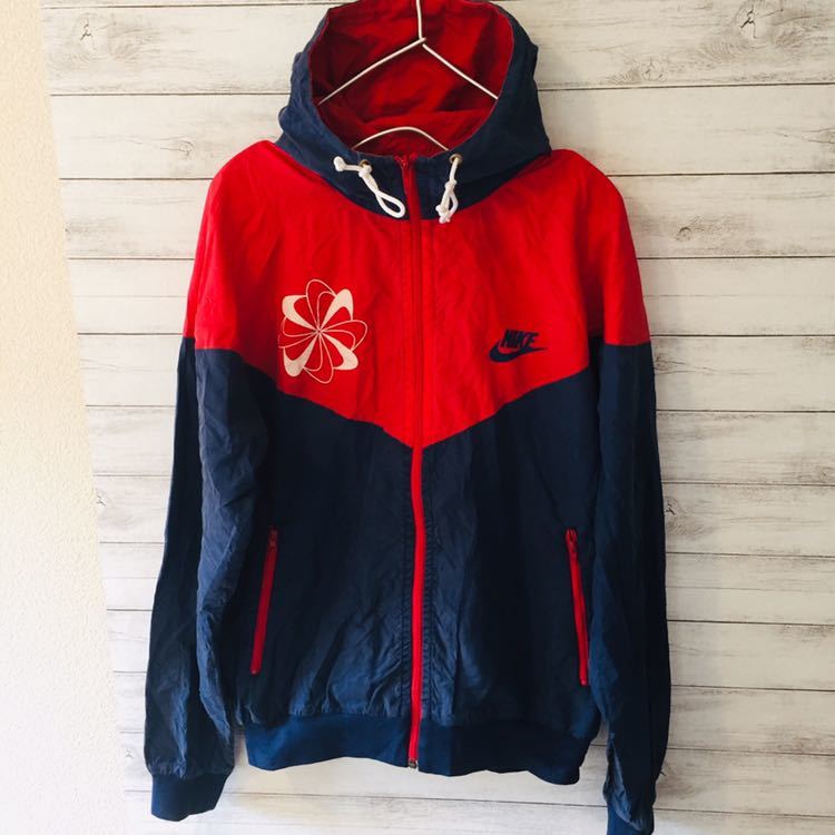 ナイキ NIKE スウッシュ 風車柄 S ナイロン ツートーンパーカー レッド×ネイビー NIKE ナイキ 風車 ナイロンドッキングパーカー ナイキNike スウッシュ