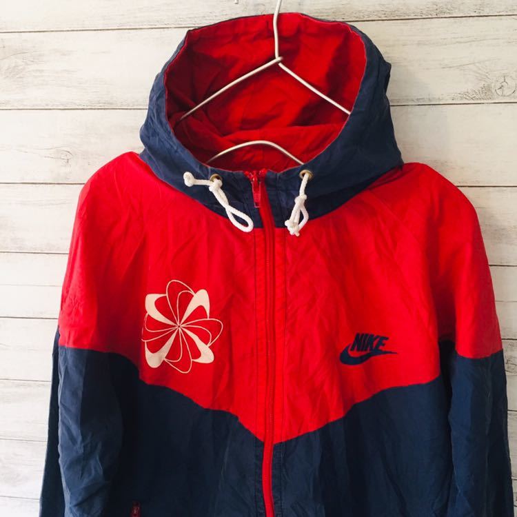 ナイキ NIKE スウッシュ 風車柄 S ナイロン ツートーンパーカー レッド×ネイビー NIKE ナイキ 風車 ナイロンドッキングパーカー ナイキNike スウッシュ