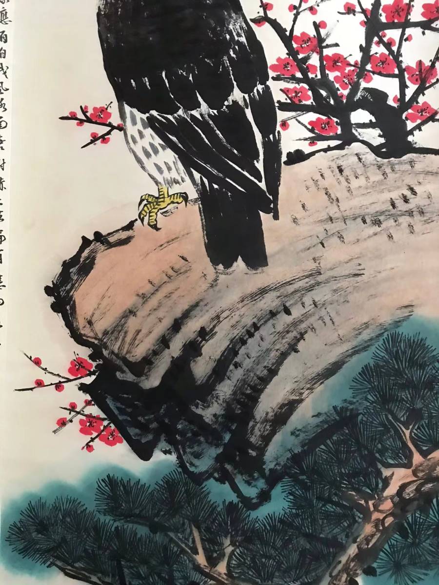 徐悲鴻「雄鷹図」三尺中堂掛軸　宣紙・手工表装　175×77cm 徐悲鴻「雄鷹図」三尺中堂掛軸 175×77cm 宣紙・手工表装 肉筆保証品 老