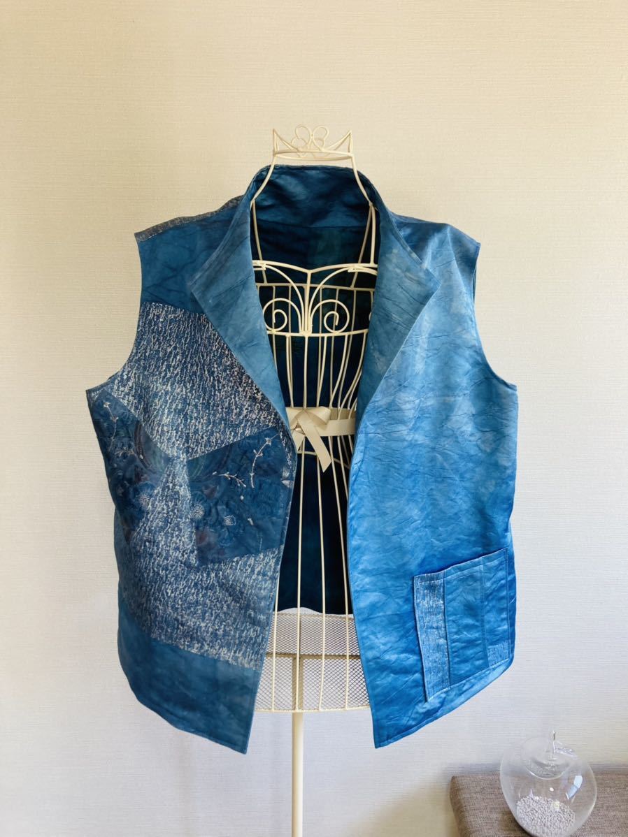 ハンドメイド 着物リメイク 帯 藍染 リバーシブルベスト 古布リメイク