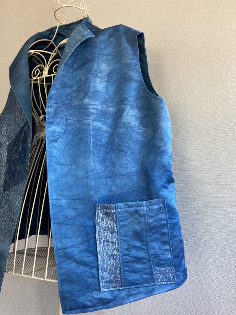 ハンドメイド 着物リメイク 帯 藍染 リバーシブルベスト 古布リメイク