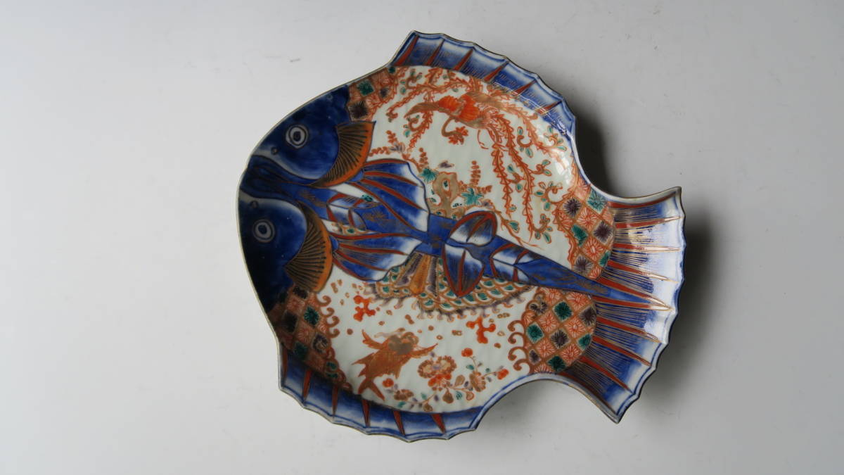 室町超希少品！古伊万里金襴手魚紋型変形皿（江戸後期）豪華絢爛 古
