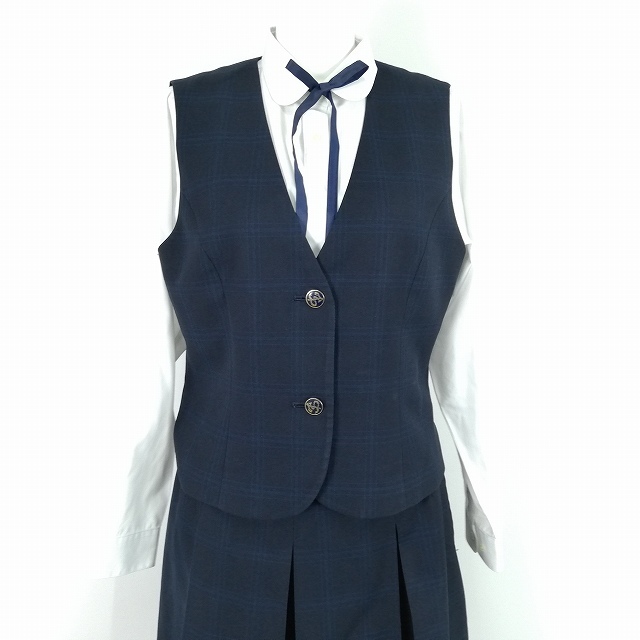 1円 イートン ベスト チェックスカート 紐タイ 等 上下5点セット 指定 165A 冬物 東海大学付属相模高校中等部 紺 中古 ランクC EY4858_6