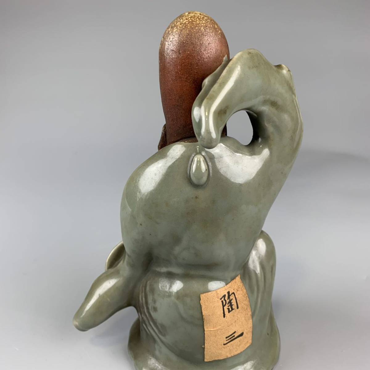 青磁 寿老人 青瓷 仙人 陶三 シール 古陶器 青磁 人物置物 骨董品 美術 