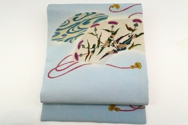 安い，お買い得 品 名古屋帯 縮緬 薄水色 扇面 草花模様 正絹 袷 フォーマル お洒落 m-3341(仕立て上がり)｜売買されたオークション情報、yahooの商品情報をアーカイブ公開 - オークファン 仕立て上がり