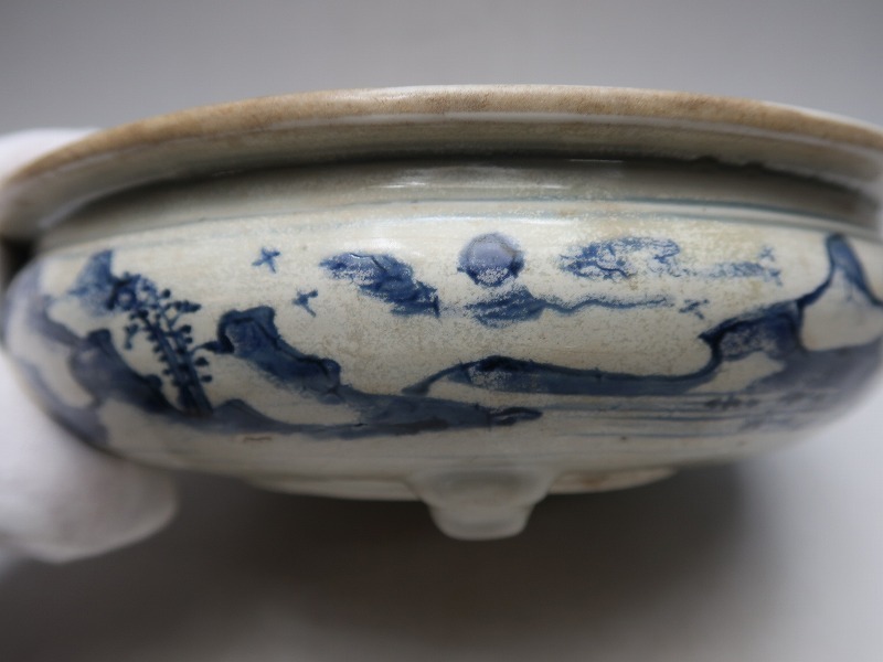 集】032221青花染付三足鉢 香炉 山水風景人物文絵 中国明