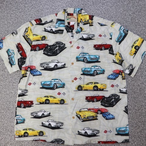 90s ハワイ製 PARADISE FOUND シボレー コルベット アロハシャツ XL CHEVROLET CORVETTE 車 総柄 半袖 ハワイアンシャツ ヴィンテージ