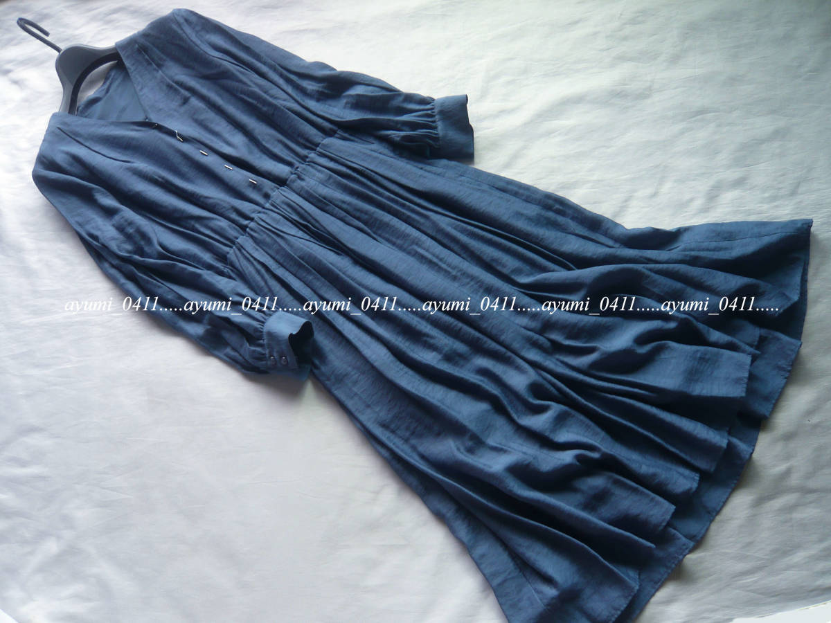 ★未使用★UNITED ARROWS green label relaxing ユナイテッドアローズ/ロイヤルブルー・タックギャザー切替 Ｖネックワンピース/手洗い◎