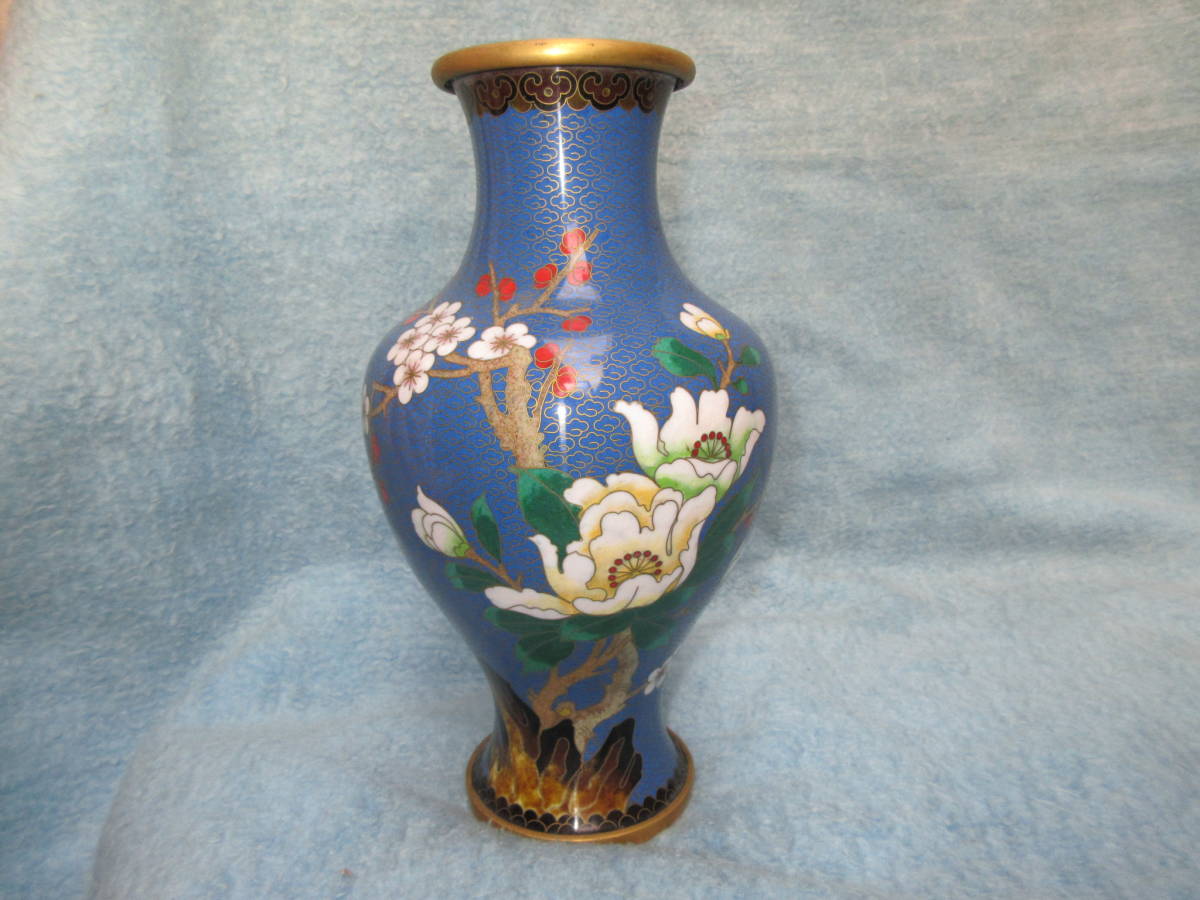 中国工芸品 七宝焼花瓶 花器 飾り壺 高さ26，5cm 青い毛布 花器
