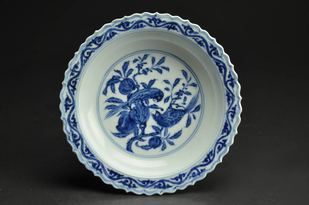 中国陶磁器 GF906 青花花鳥紋花口盤 中国骨董(染付)｜売買され