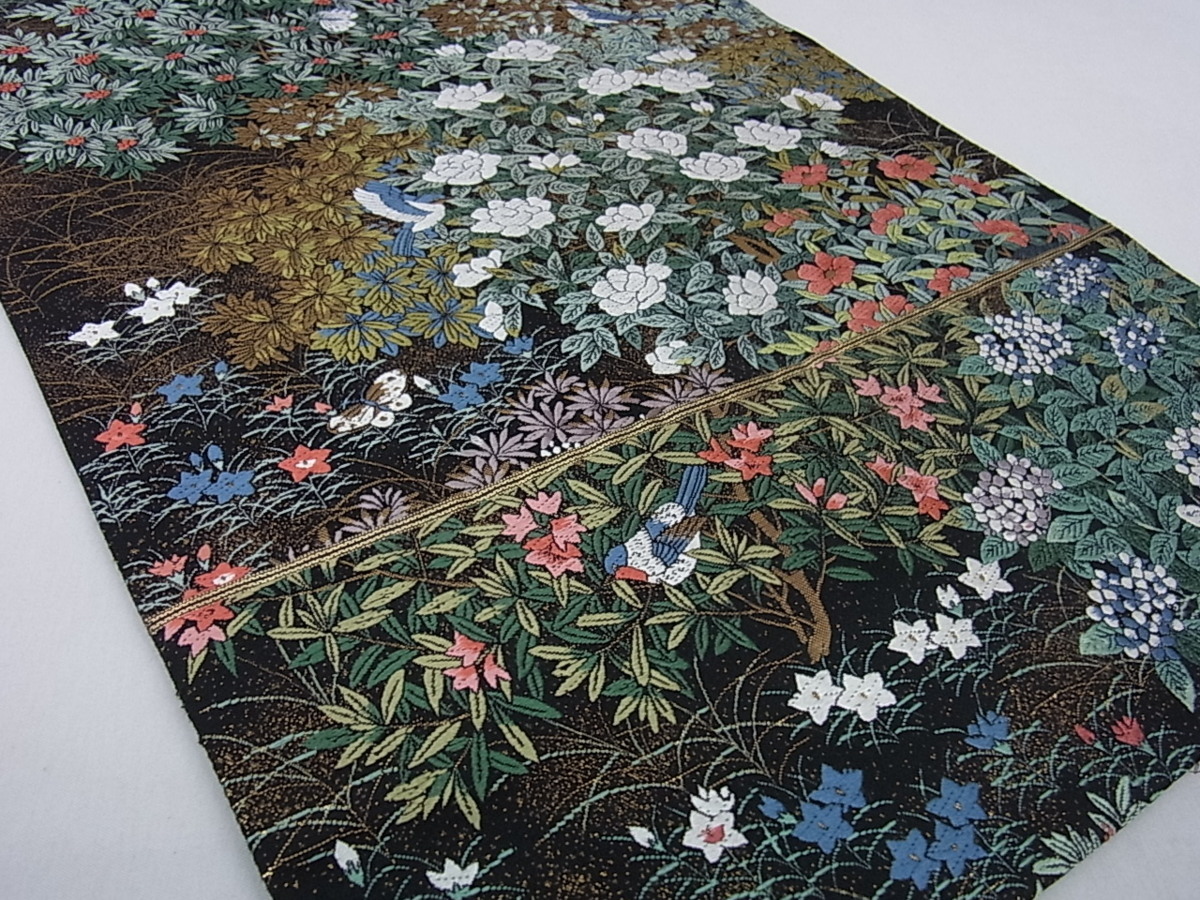 逸品 正絹 ベストストア日本一受賞店!□花美人着物□六通柄袋帯 極微繊細織 名物裂正倉院花鳥文 花美人□花鳥至宝名選 花美人着物■六通柄袋帯 萬参織 花々に小鳥 黒地 金糸 逸品 ps109